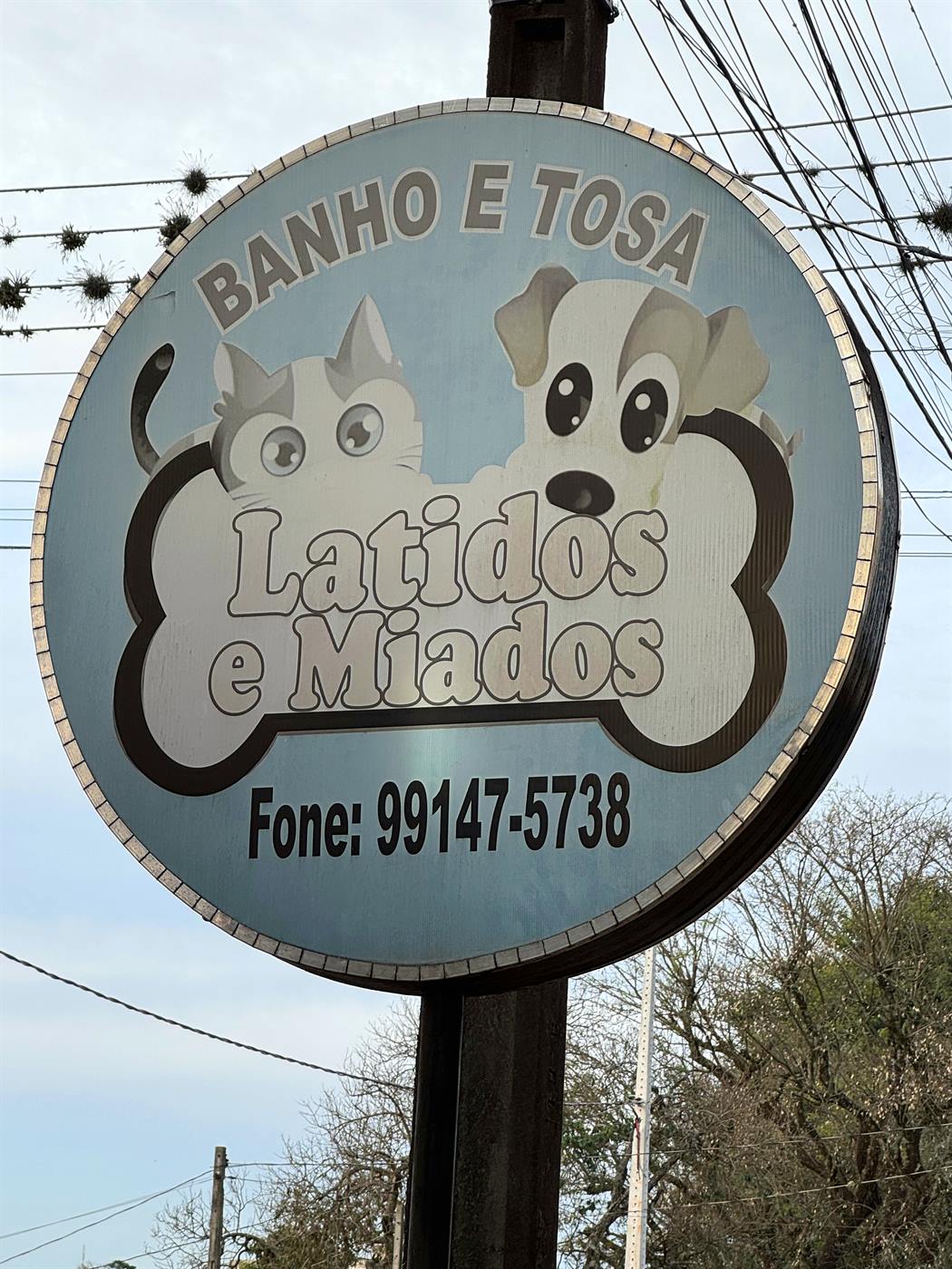 Placa redonda da Latidos e Miados, banho e tosa em Cornélio Procópio