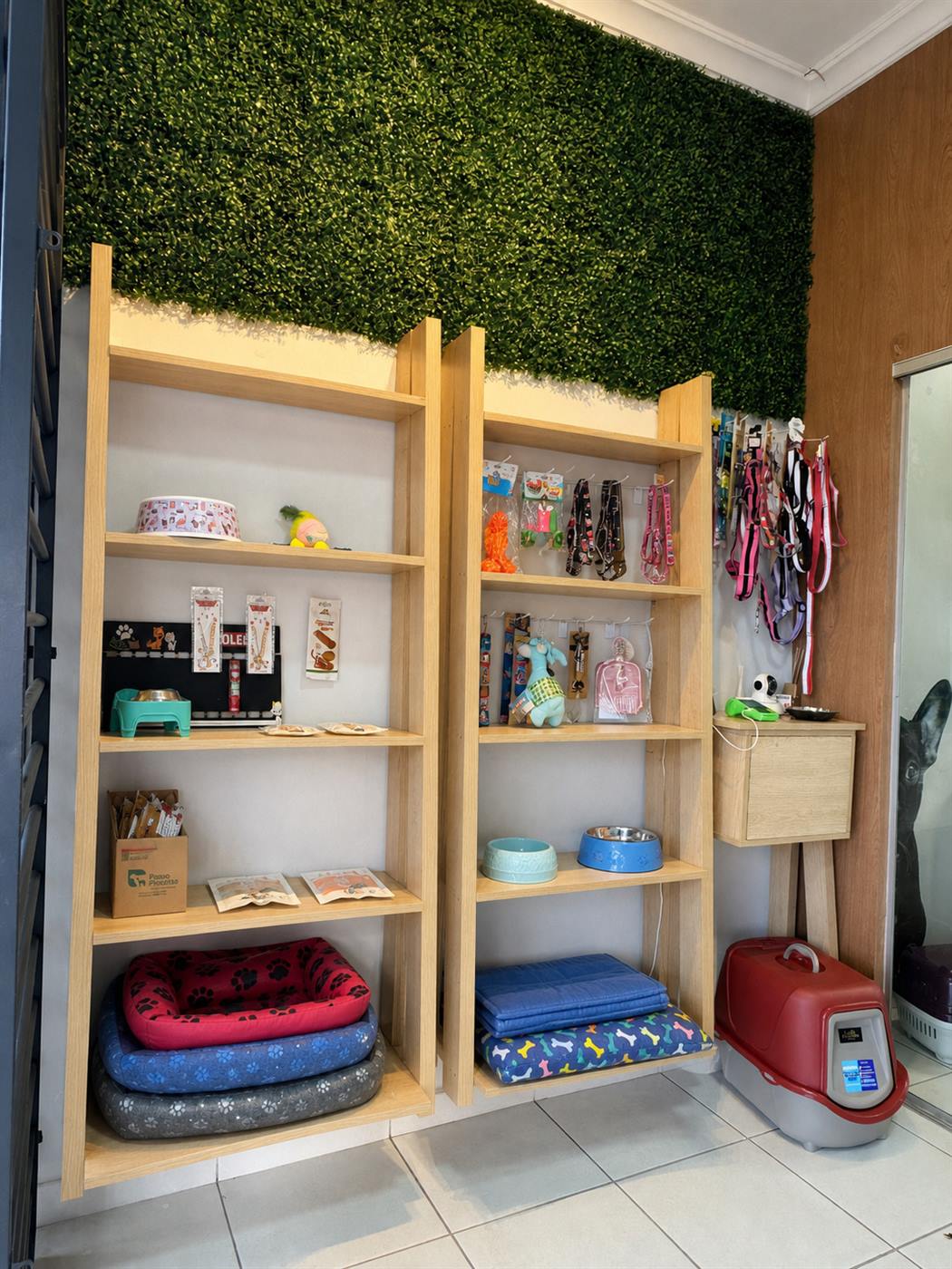 Prateleira com coleiras, camas e acessórios para pets