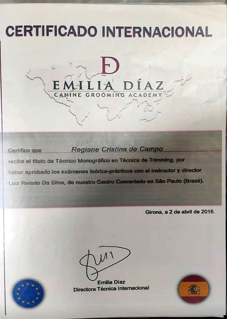 Certificado Internacional de Técnico Monográfico em Técnica de Trimming, Emilia Díaz Canine Grooming Academy